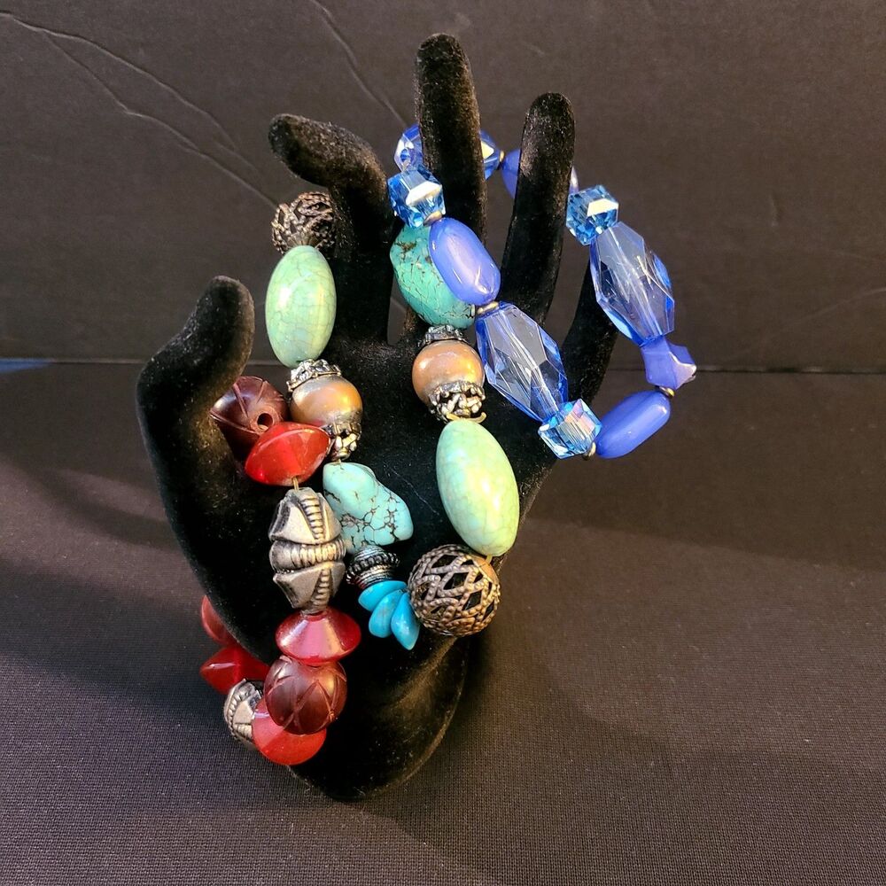 Vintage Chunky Beaded Stretch Bracelets (3 Pcs) Blue Red Boho Indiecore Western